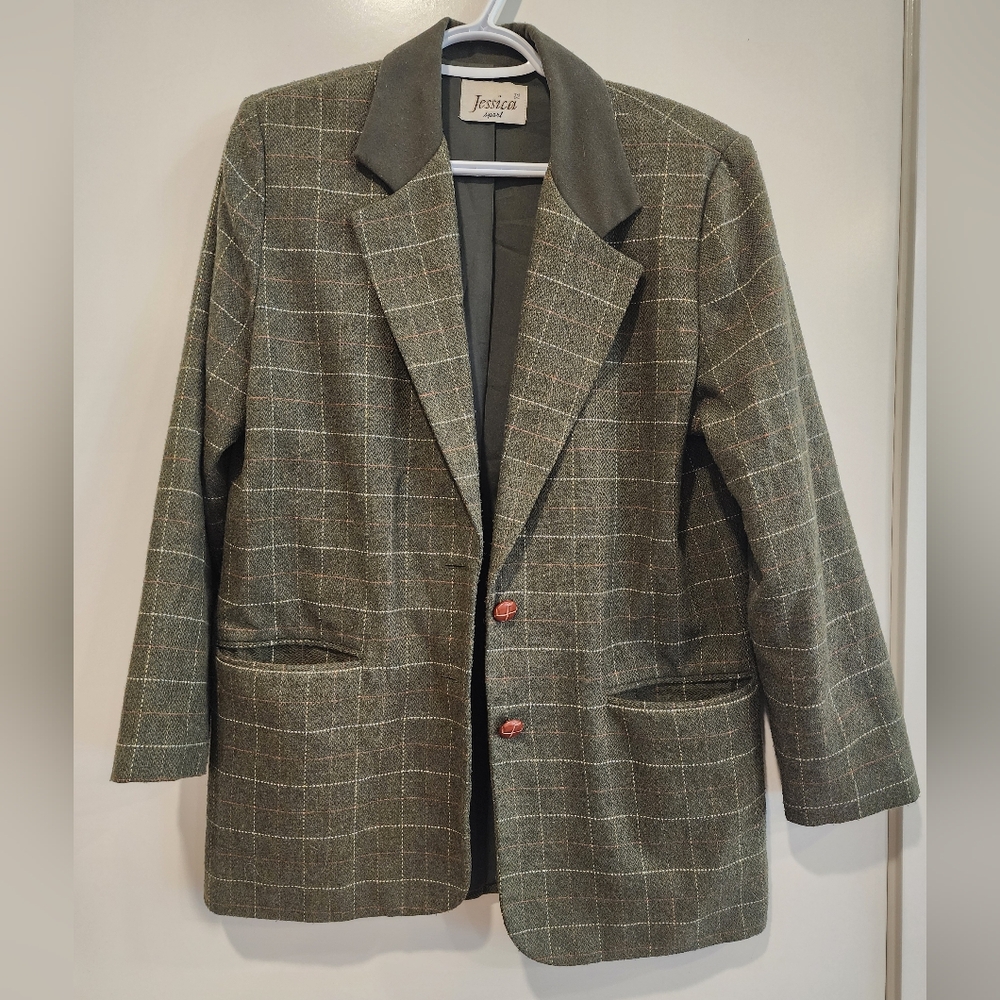 Green Plaid Blazer with Notch Lapels